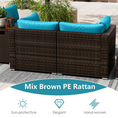 7 Piece Outdoor Furniture Set with 32 in 40,000 BTU Propane Fire Pit Table, Propane Tank Cover Table and Mix Brown Wicker Sofas, Turquoise Cushions