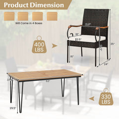7 Piece Wicker Patio Dining Set with 63 in Acacia Table and 6 Scroll Arm Chairs