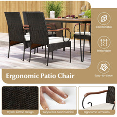 7 Piece Wicker Patio Dining Set with 63 in Acacia Table and 6 Scroll Arm Chairs