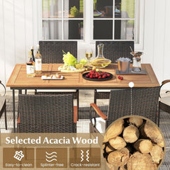 7 Piece Wicker Patio Dining Set with 63 in Acacia Table and 6 Scroll Arm Chairs