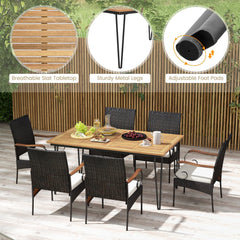 7 Piece Wicker Patio Dining Set with 63 in Acacia Table and 6 Scroll Arm Chairs