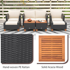 7 Piece Wicker Patio Conversation Set with 2 Storage Side Tables and 2 Ottomans, Off White