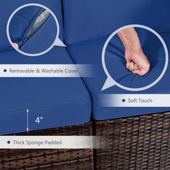 7 Piece Wicker Fire Pit Patio Set, Navy, 35 Inch 50000 BTU Propane Table with Hidden Tank Storage and 5 Modular Seats