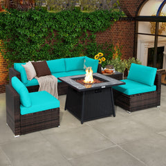 7 Piece Wicker Fire Pit Patio Set, Turquoise, 35 Inch 50000 BTU Propane Table with Washable Covers and 5 Seats