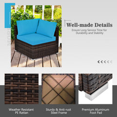 7 Piece Wicker Fire Pit Patio Set, Turquoise, 35 Inch 50000 BTU Propane Table with Washable Covers and 5 Seats