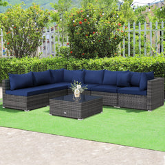 7 Piece Rattan Patio Sectional Sofa Set, 2 Corners, 4 Armless Seats and Glass Table with 2 Pillows, Navy