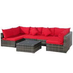 7 Piece Patio Rattan Sectional Sofa Set, 109 Inch Run, 2 Corners, 4 Armless Seats and Glass Table, Red