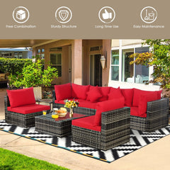 7 Piece Patio Rattan Sectional Sofa Set, 109 Inch Run, 2 Corners, 4 Armless Seats and Glass Table, Red