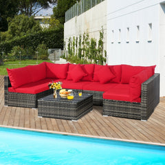 7 Piece Patio Rattan Sectional Sofa Set, 109 Inch Run, 2 Corners, 4 Armless Seats and Glass Table, Red