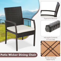 7 Piece Wicker Patio Dining Set for 6, 63 by 36 Inch Acacia Table with Rounded Corners and Six Armchairs