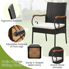 7 Piece Wicker Patio Dining Set for 6, 63 by 36 Inch Acacia Table and Six Chairs with Acacia Armrests
