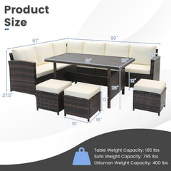 7 Piece Wicker Patio Set, 3 Sofa Sections, 3 Ottomans and 51 in Slatted Table, Cream Cushions