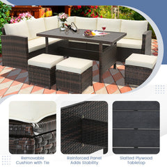 7 Piece Wicker Patio Set, 3 Sofa Sections, 3 Ottomans and 51 in Slatted Table, Cream Cushions