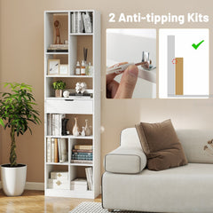 7-tier Bookshelf with Drawer 180cm Floor Standing Display Rack Storage Shelf-White