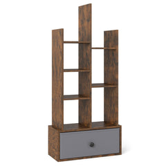 7 Tier Open Back Bookshelf with Fabric Drawer, Narrow Display Shelf, Rustic Brown