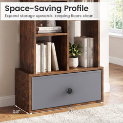 7 Tier Open Back Bookshelf with Fabric Drawer, Narrow Display Shelf, Rustic Brown