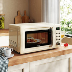 700W Retro Countertop Microwave Oven with 5 Micro Power and Auto Cooking Function-Cream White