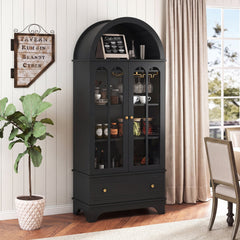 71.5 Inch Arched Cabinet 5-Tier with Tempered Glass Doors and Wine Rack-Black