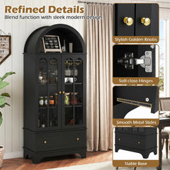 71.5 Inch Arched Cabinet 5-Tier with Tempered Glass Doors and Wine Rack-Black