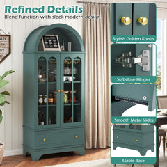 71.5 Inch Arched Cabinet 5-Tier with Tempered Glass Doors and Wine Rack-Green