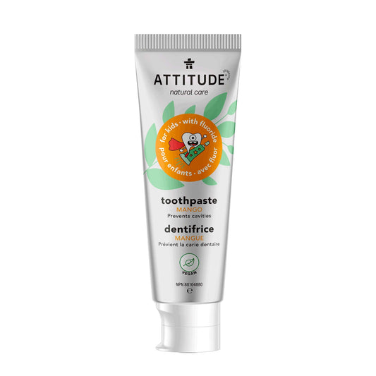 ATTITUDE Kids Natural Toothpaste with Fluoride, Made in Canada, Prevents Tooth Decay and Cavities, Vegan and Sugar-Free, Mango, 120 grams