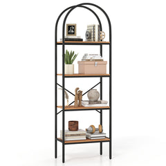 71 inches Tall Arched Bookcase 4-Tier with Storage Shelves & Metal Frame for Home Office-Brown & Black