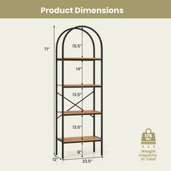 71 inches Tall Arched Bookcase 4-Tier with Storage Shelves & Metal Frame for Home Office-Brown & Black