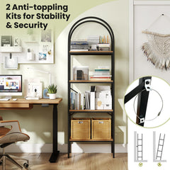 71 inches Tall Arched Bookcase 4-Tier with Storage Shelves & Metal Frame for Home Office-Brown & Black