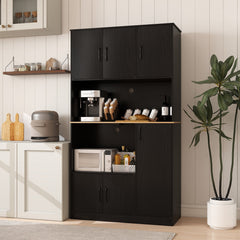 71 inches Tall Kitchen Pantry Cabinet with Charging Station Wooden Buffet Cupboard Sideboard-Black