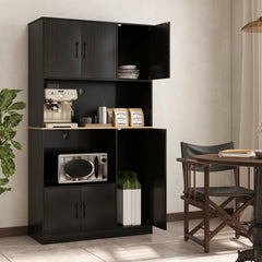 71 inches Tall Kitchen Pantry Cabinet with Charging Station Wooden Buffet Cupboard Sideboard-Black