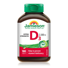 Jamieson Vitamin D3 2,500 IU, 180 Tablets, Helps Prevent Vitamin D Deficiency, and Osteoporosis, Supports Immune Health, Strong Bones, and Teeth. Vegetarian, Non-GMO, Gluten-Free, Proudly Canadian