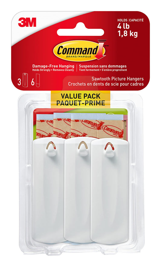 Command Sawtooth Picture Hangers, Damage Free Hanging Frame Hangers, No Tools Wall Hooks for Hanging Sawtooth Frames in Living Spaces, 3 White Picture Frame Hangers and 6 Command Strips