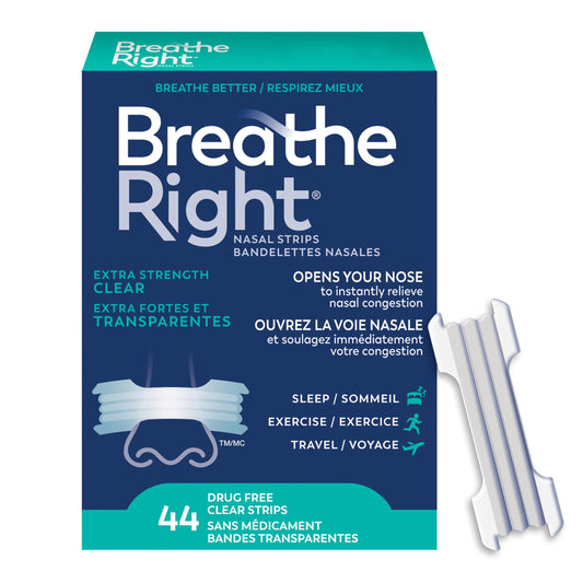 Breathe Right Nasal Strips, Extra Strength, Clear, Sensitive Skin, Drug-Free Snoring Solution & Nasal Congestion Relief Caused by Colds & Allergies, Nightly Sleep, 44 Count