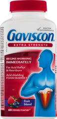 Gaviscon Extra Strength Tablets - 60 Count - Chewable Foaming Antacid Tablets for Day and Night Heartburn Relief, Acid Reflux and GERD Relief, Fruit Blend - Free of Aluminum, Lactose and Gluten