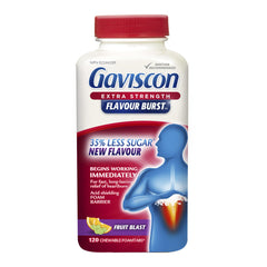 Gaviscon Extra Strength Flavour Burst Tablets - 120 Count - Chewable Foaming Antacid Tablets for Day and Night Heartburn Relief, Acid Reflux and GERD Relief, Fruit Blast - Free of Aluminum, Lactose and Gluten