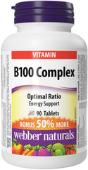 Webber Naturals Vitamin B100 Complex, 90 Tablets, Supports Energy Production and Metabolism, Vegan