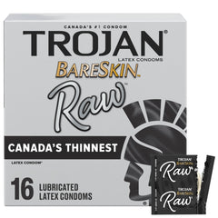 Trojan Bareskin Raw Lubricated Latex Thin Condoms, 16 Count, Canada’s Thinnest Latex Condom, Silky Smooth Lubricant for Comfort & Sensation, Enjoy a More Natural Experience and Feel It All