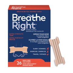 Breathe Right Nasal Strips, Extra Strength, Tan, Drug-Free Snoring Solution & Nasal Congestion Relief Caused by Colds & Allergies, Nightly Sleep, 26 Count