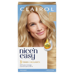 Clairol Nice'n Easy Permanent Hair Dye, 9 Light Blonde | 100% Grey Coverage | Long‑Lasting, Natural‑Looking Colour & Shine |Pack of 1