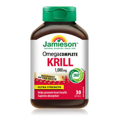 Jamieson Omega Complete Pure Krill Oil 1000 mg Softgels, No Fishy Aftertaste, Supports Heart Health, High Potency, and Provides Superior Absorption with Antarctic Krill Oil, EPA, DHA, Phospholipids, and Astaxanthin, Gluten-Free, 30 Count, Proudly Canadian