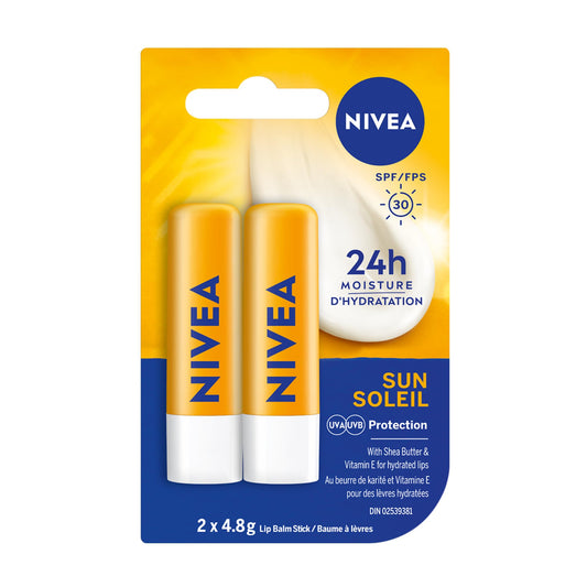 NIVEA Sun Lip Balm SPF 30 Lip Balm Stick, 24-Hour Hydrating Lip Balm with Sun Protecction, Shea Butter and Moisturizing Oils to Soothe Dry Chapped Lips, 2 x 4.8g Stick