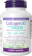 Webber Naturals Collagen30 with Biotin, 2,500 mg of Bioactive Collagen Peptides with 5,000 mcg of Biotin Per Serving, 120 Tablets, For Advanced Nourishment of Skin, Hair and Nails