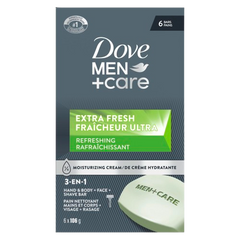 Dove Men+Care Refreshing Extra Fresh Bar Soap Formulated for Men's Skin, 3-N-1 Hand & Body + Face + Shave Bar Soap, with ¼ Moisturizing Cream, 106g (Pack of 6)