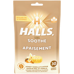 HALLS Honey Vanilla Flavour Cough Drops, Throat Lozenges, Sore Throat Relief, Mentho-Lyptus, 30 Lozenges