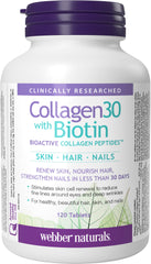 Webber Naturals Collagen30 with Biotin, 2,500 mg of Bioactive Collagen Peptides with 5,000 mcg of Biotin Per Serving, 120 Tablets, For Advanced Nourishment of Skin, Hair and Nails