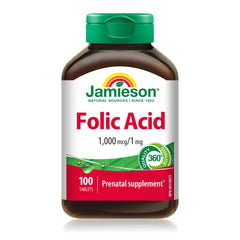 Jamieson Folic Acid 1,000 mcg Tablets, Prenatal Supplement, Supports Normal Fetal Development, Helps Prevent Neural Tube Defects and Produce Red Blood Cells. Vegetarian, Non-GMO, Gluten-Free, 100 Count, Proudly Canadian