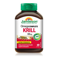 Jamieson Omega Complete Pure Krill Oil 500 mg, 60 Softgels, No Fishy Aftertaste, Supports Heart Health, and Provides Superior Absorption. With Antarctic Krill Oil. Proudly Canadian