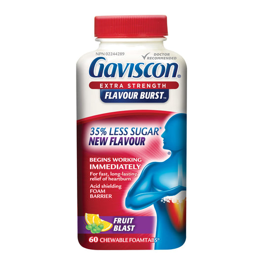 Gaviscon Extra Strength Flavour Burst Tablets - 60 Count - Chewable Foaming Antacid Tablets for Day and Night Heartburn Relief, Acid Reflux and GERD Relief, Fruit Blast - Free of Aluminum, Lactose and Gluten