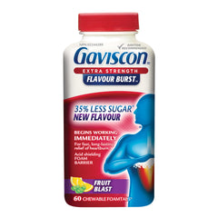 Gaviscon Extra Strength Flavour Burst Tablets - 60 Count - Chewable Foaming Antacid Tablets for Day and Night Heartburn Relief, Acid Reflux and GERD Relief, Fruit Blast - Free of Aluminum, Lactose and Gluten