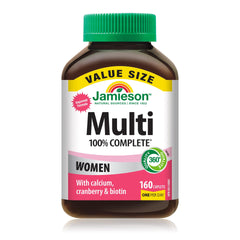 Jamieson 100% Complete Multivitamin for Women, with Cranberry, Biotin and Calcium, Supports Energy, Immunity, Everyday Health, Healthy Skin, and Bone Health, One Per Day, 160 Caplets